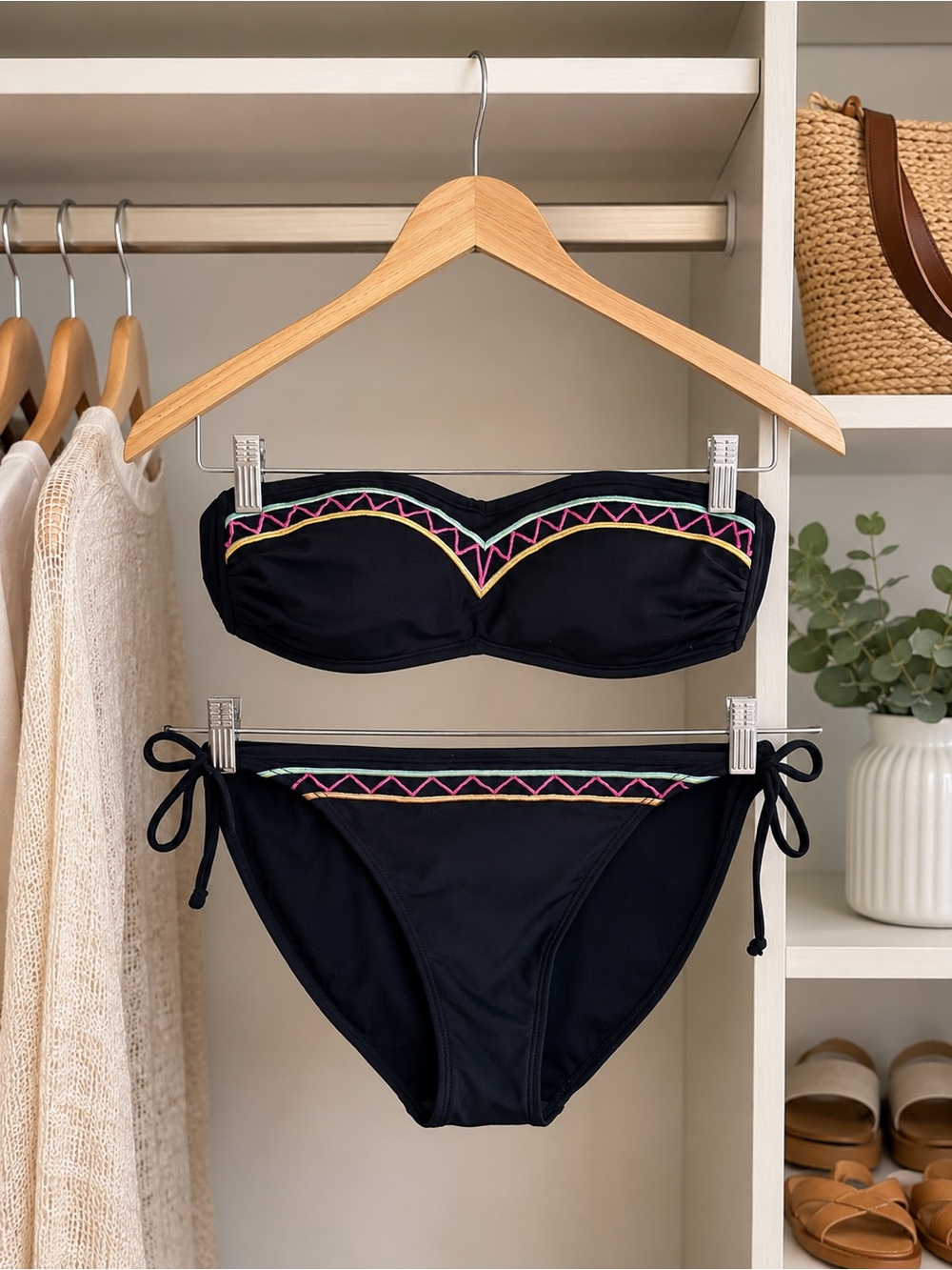 Black Strapless Bikini Set with Pink and Yellow Trim